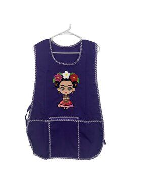 Apron Women Purple Embroidered Frida Design Front Pocket Gingham Trim One Size